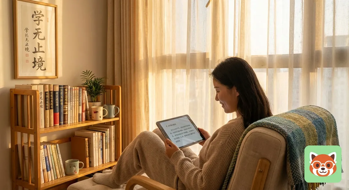 Person reading Chinese on tablet in morning light