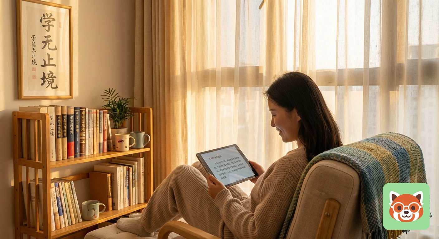 Person reading Chinese on tablet in morning light