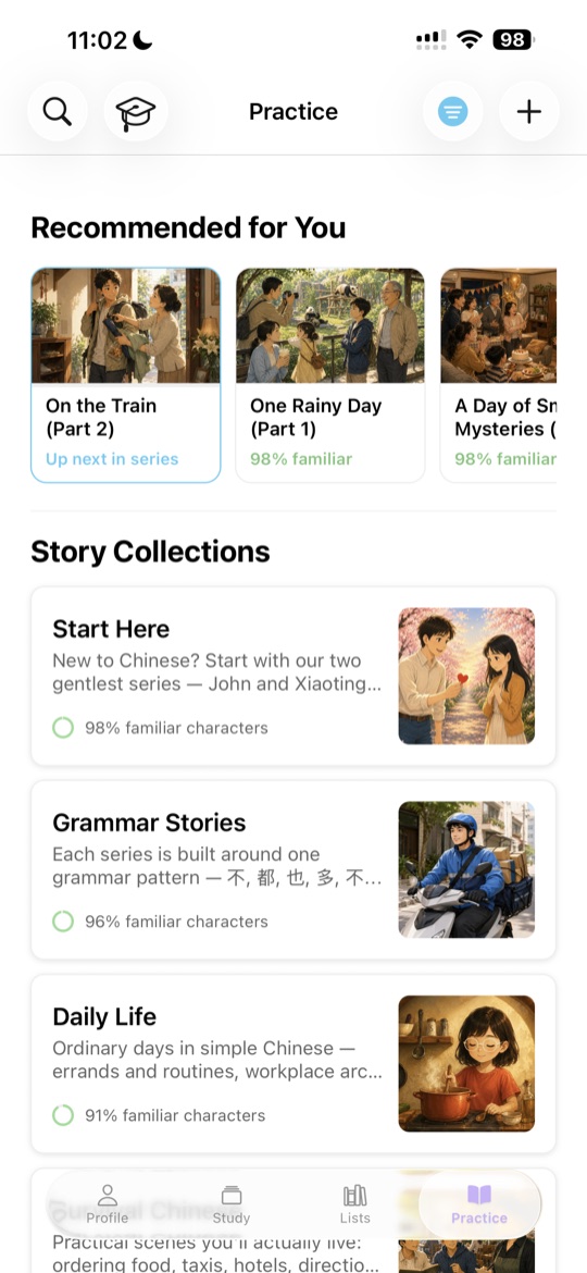The Practice screen recommending stories at your level