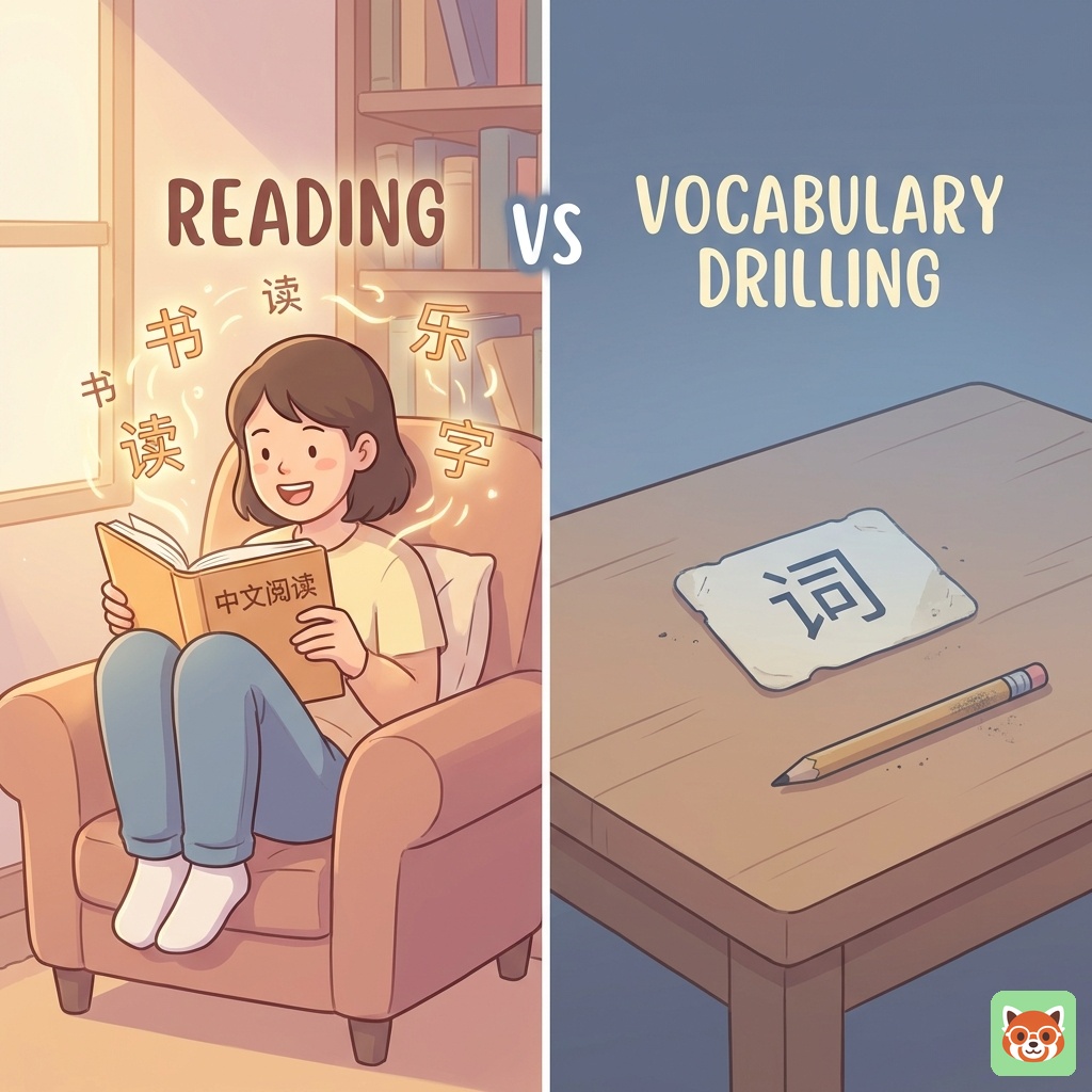Person reading Chinese book vs person studying flashcards