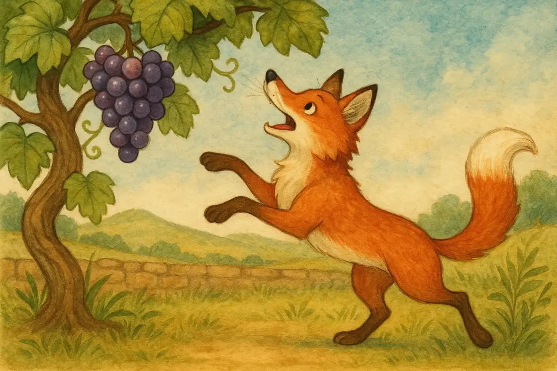 Illustration for the Chinese story “The Fox and the Grapes”