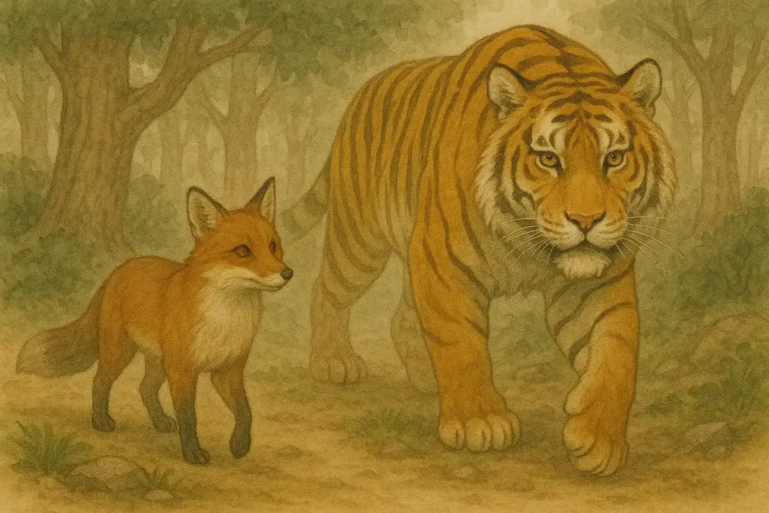 Illustration for the Chinese story “Fox Borrows Tiger's Might”