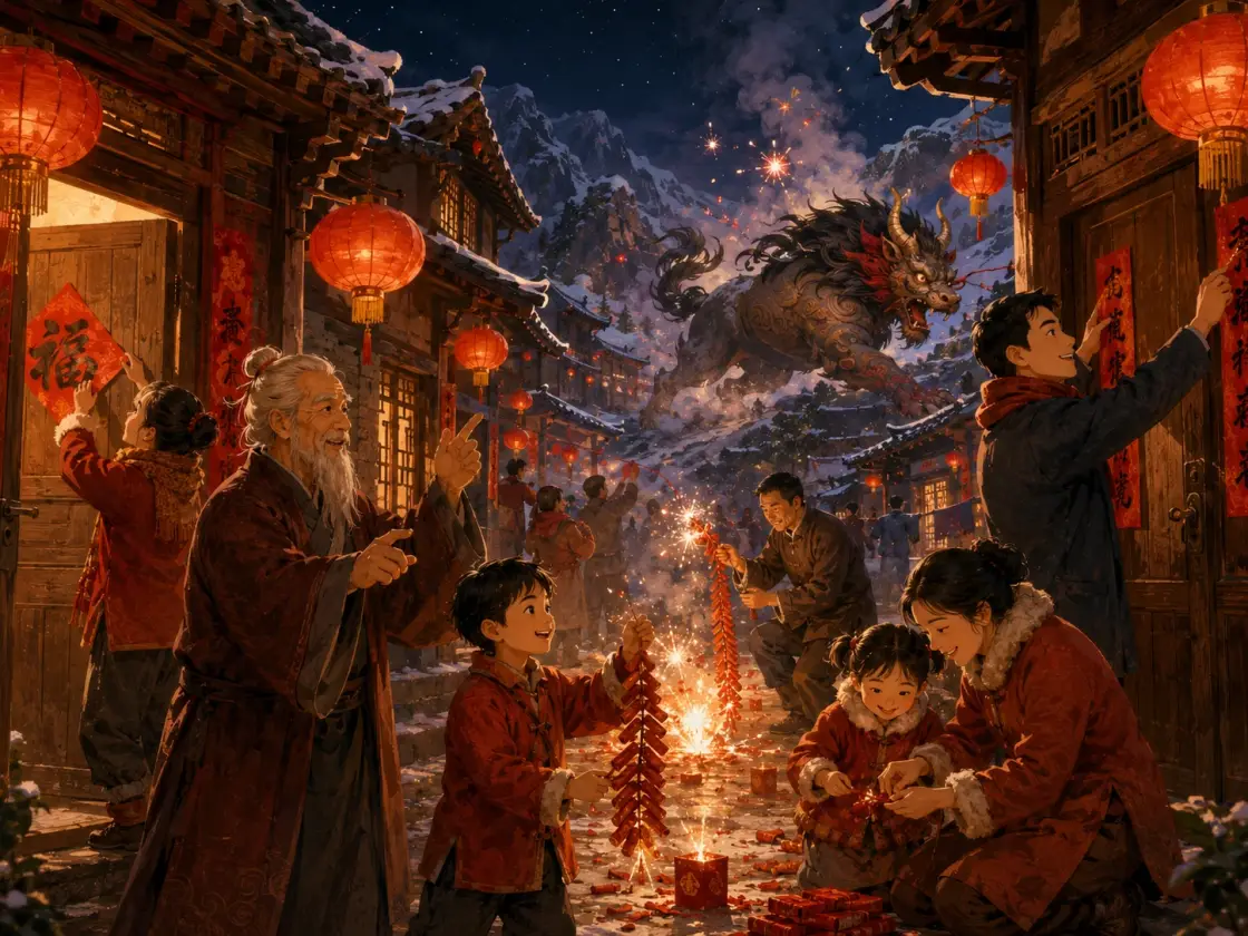 Illustration for the Chinese story “The Nian Monster (年兽)”
