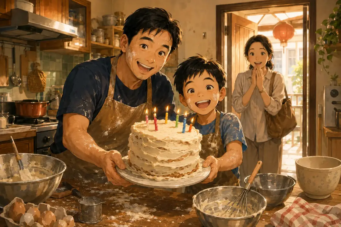 Illustration for the Chinese story “Mom's Birthday Surprise (Part 1)”